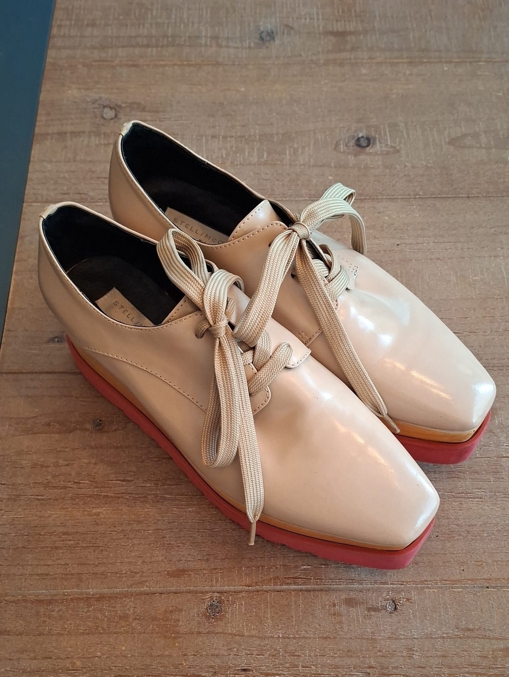 Stella McCartney Beige/Tan & Red Square-toe Leather Platform Loafers (EU 38)